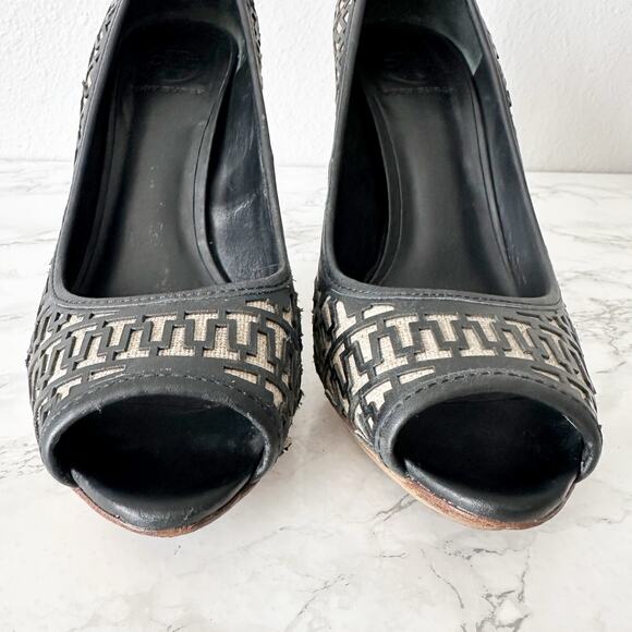 Tory Burch Regan Signature Logo Wood Platform Peep Toe Heels Women’s Size 11 - Picture 3 of 14